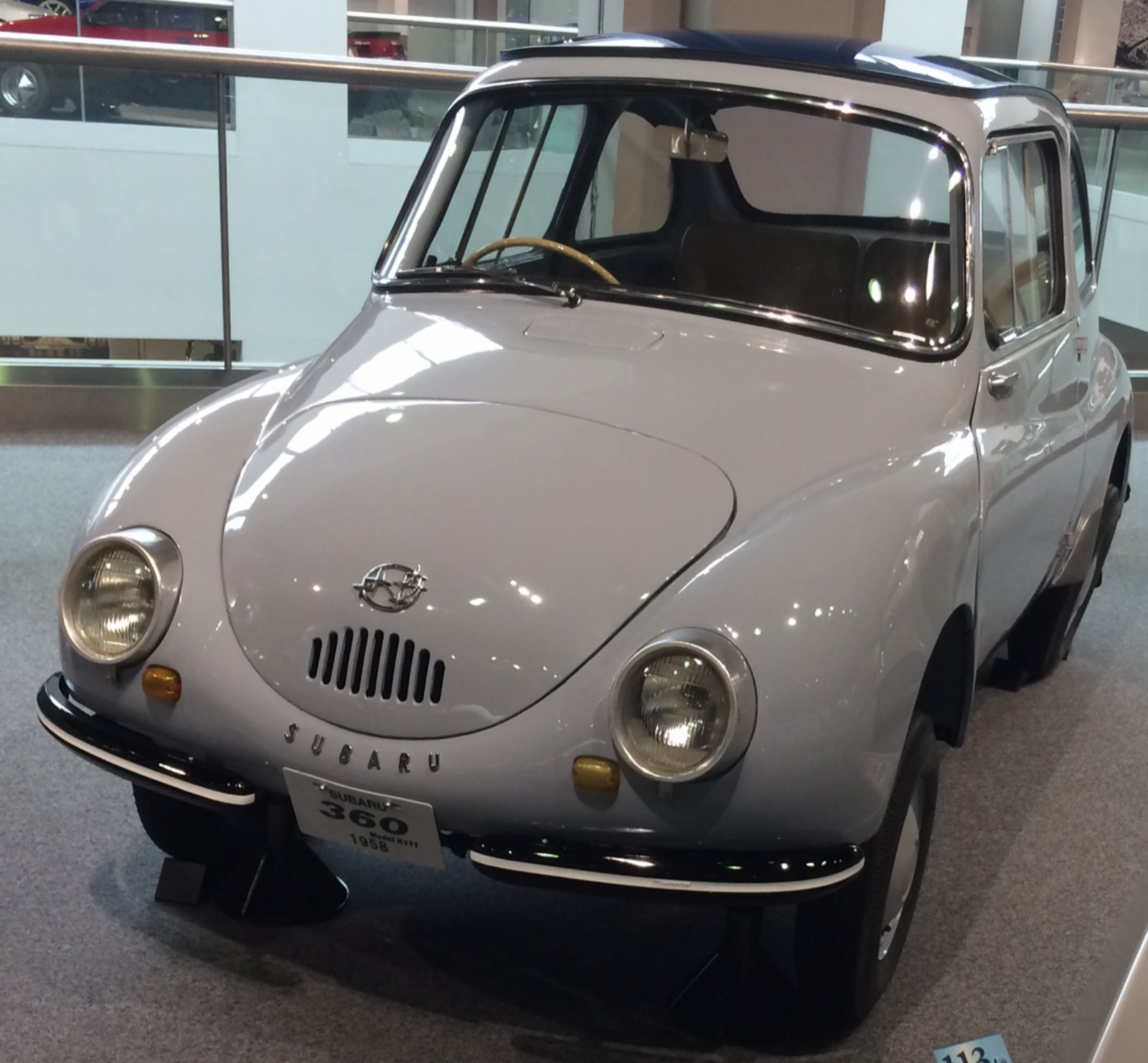 1958 Subaru 360 (Model K111), light grey/silver, front 3/4, Toyota Automobile Museum