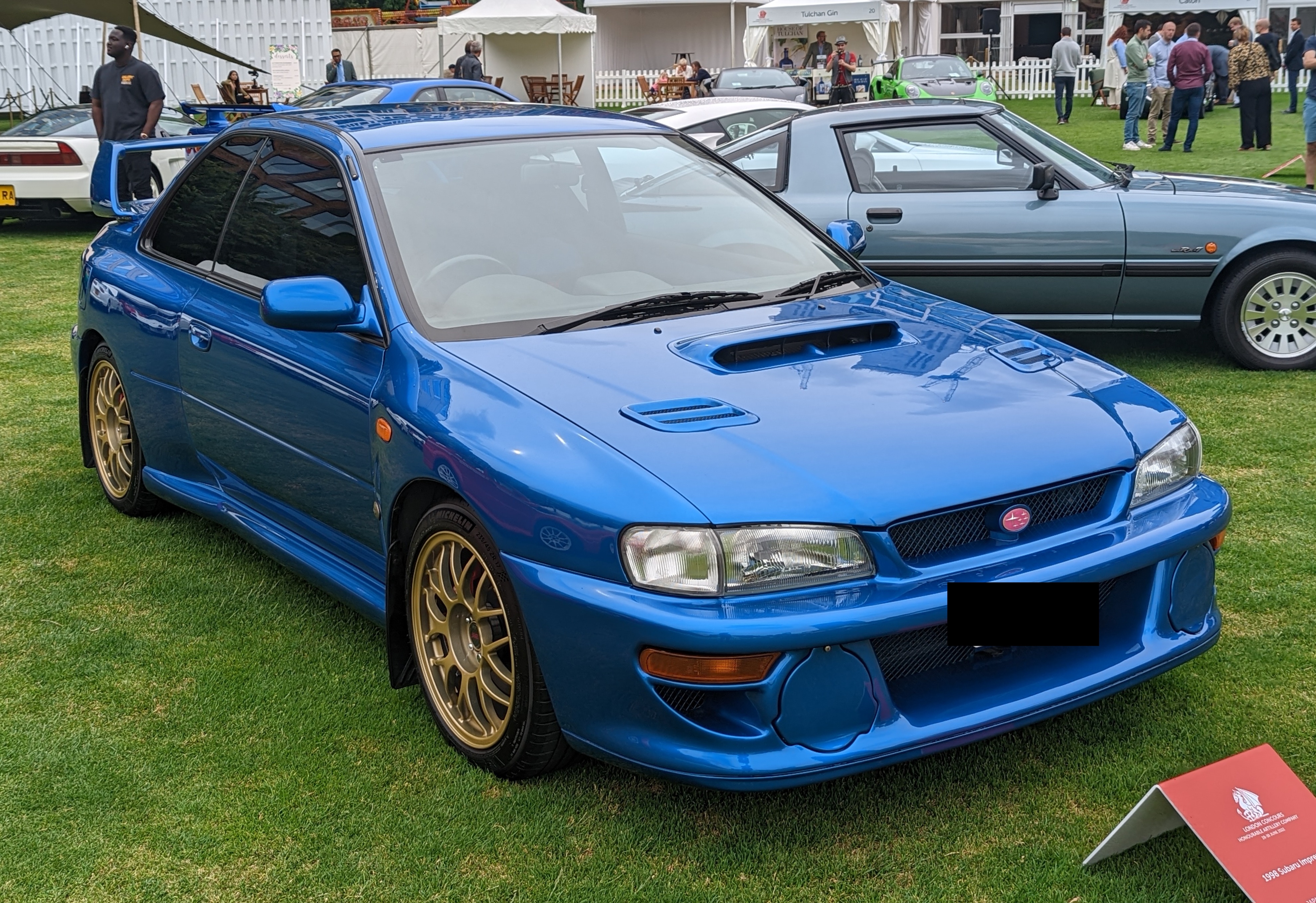 1998 Subaru Impreza 22B STi, Sonic Blue Mica, gold BBS wheels, "London Concours" show