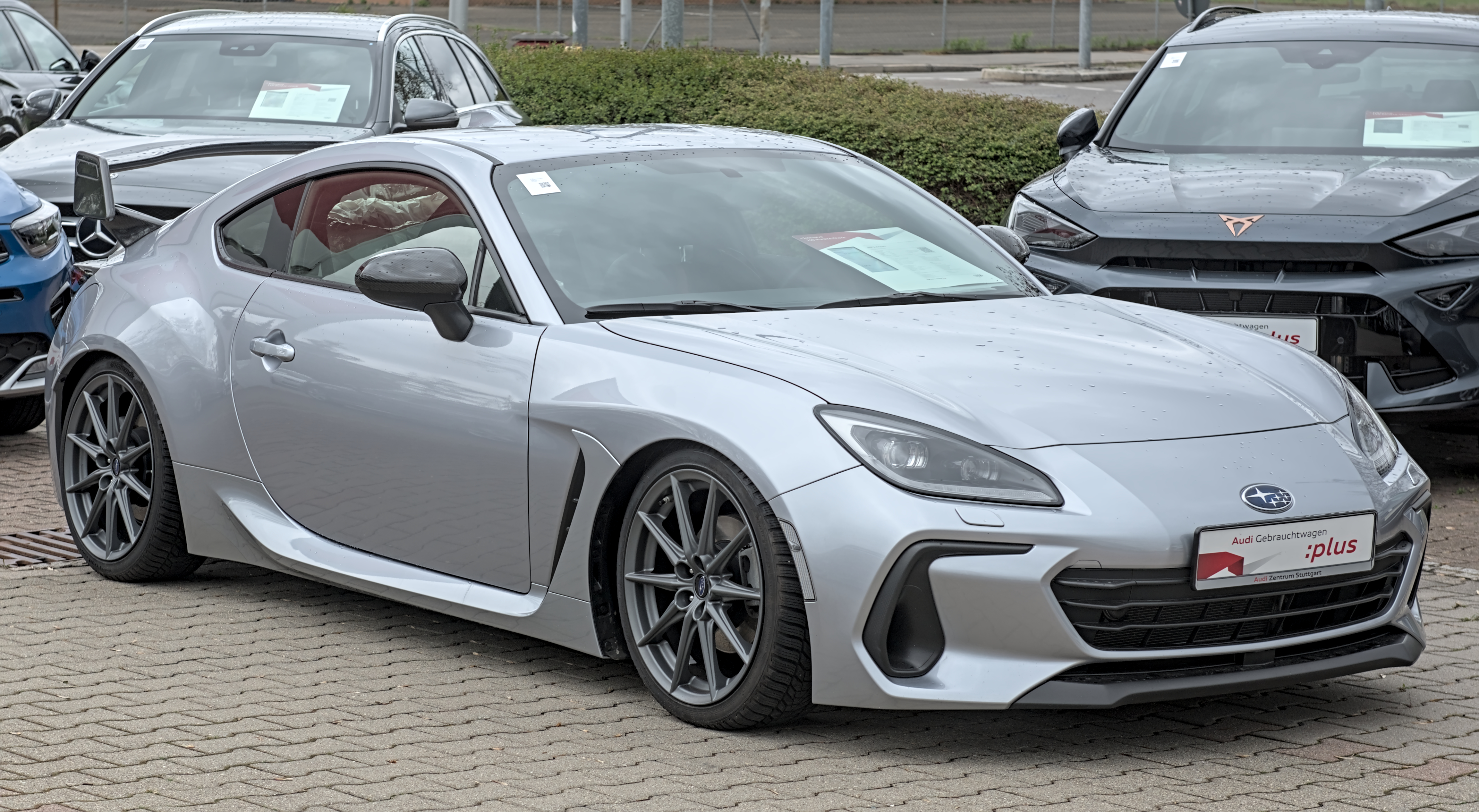 Second-generation BRZ (ZD8), silver, front 3/4, German used-car dealer lot