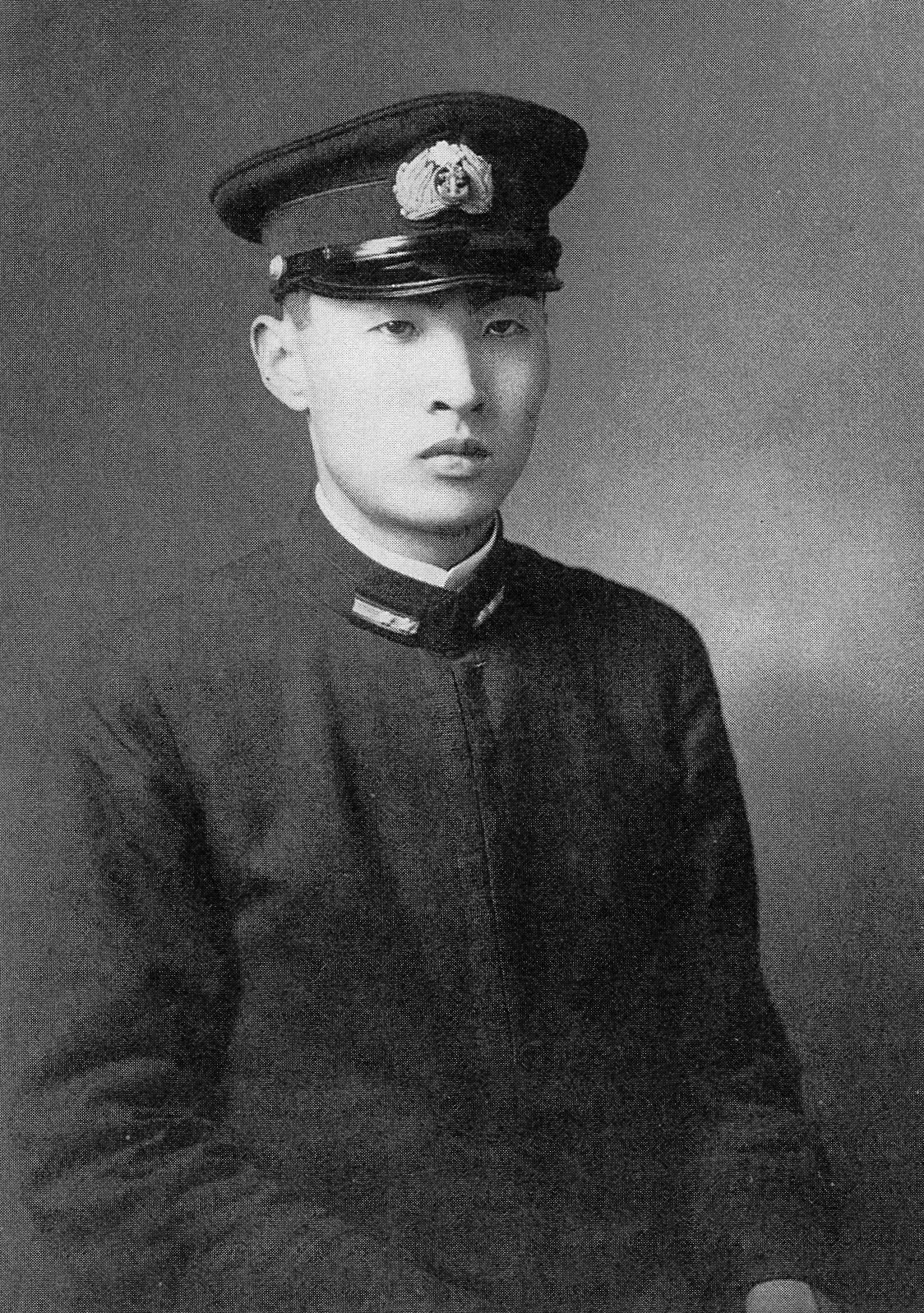 Portrait of Shinroku Momose (lead engineer, Subaru 360/Sambar/1000; later credited with the boxer-engine design criteria), Imperial Japanese Navy dress uniform, black-and-white ID-style photo