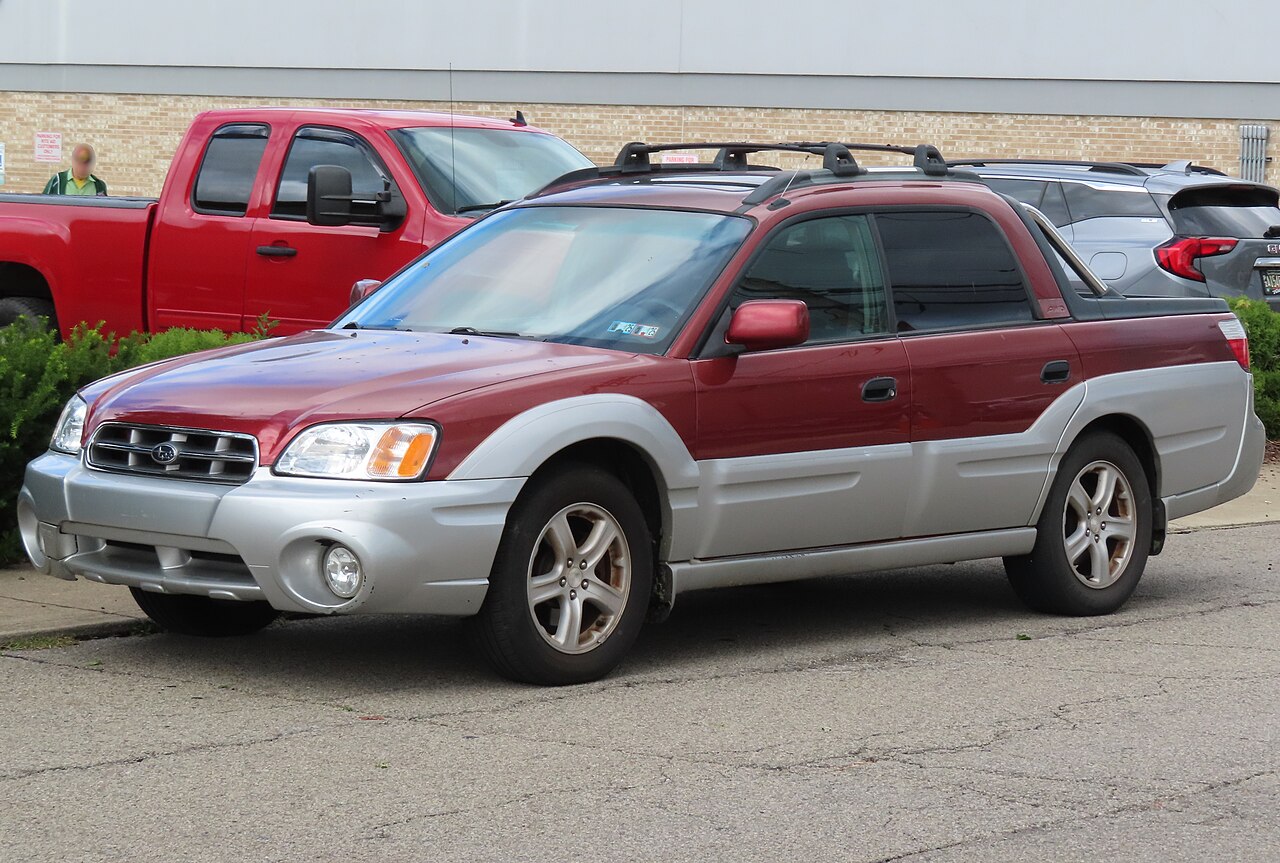 2003 Subaru Baja, maroon/silver two-tone, front 3/4, US parking lot